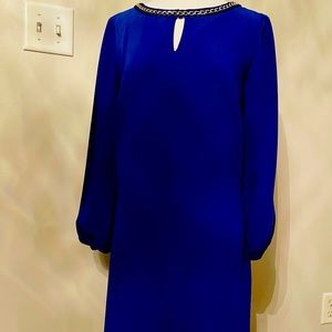 Bright blue, gold accent long sleeve dress